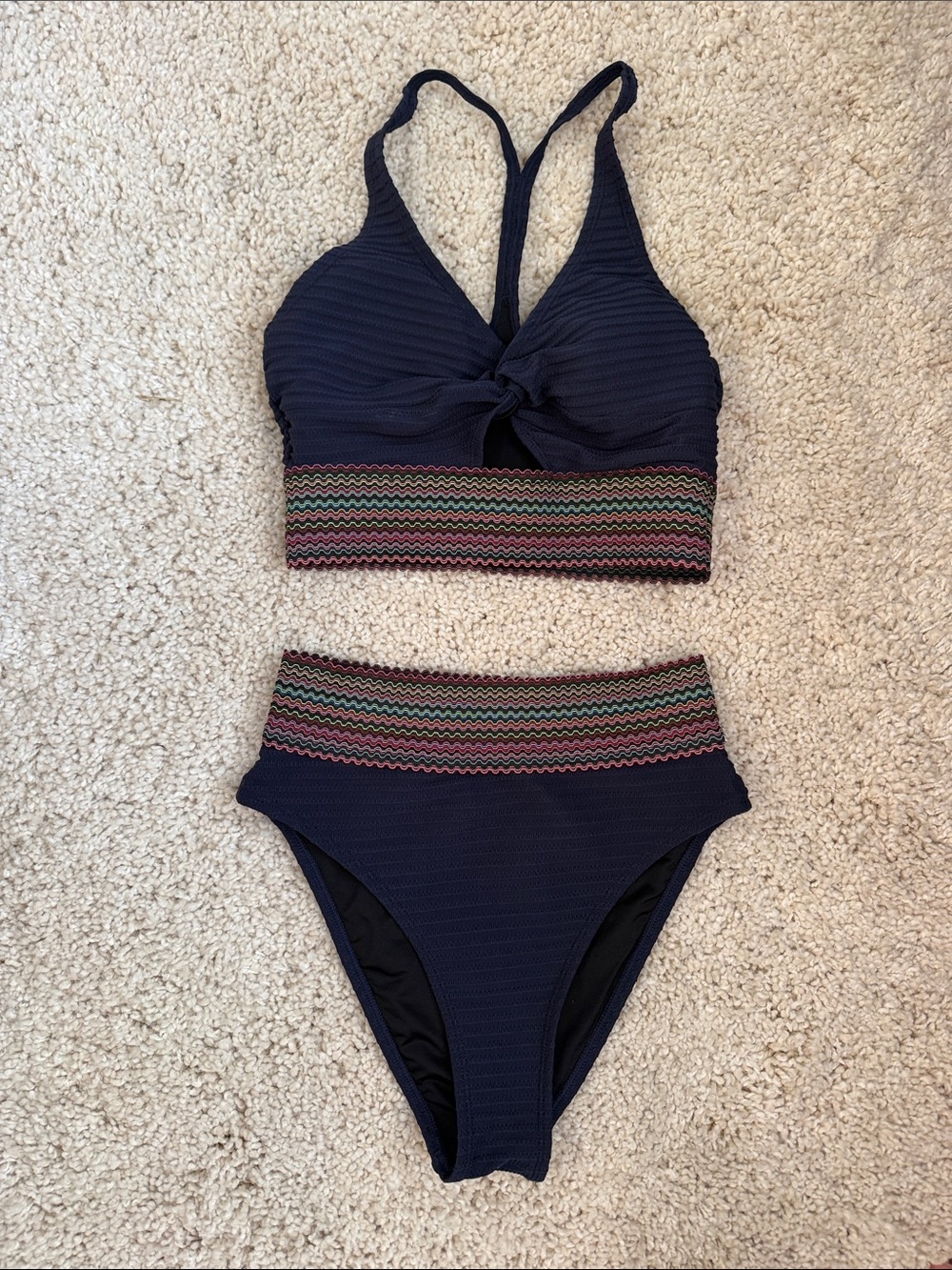 Navy High-Waist Bikini Set with Multicolor Zigzag Band